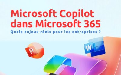 Illustration professionnelle représentant Microsoft Copilot dans Microsoft 365, avec le titre « Microsoft Copilot dans Microsoft 365 – Quels enjeux réels pour les entreprises ? », sur fond clair, accompagnée d’icônes colorées des applications Word, Excel, PowerPoint et du logo M365, symbolisant l’intégration de l’IA dans les outils bureautiques en entreprise.